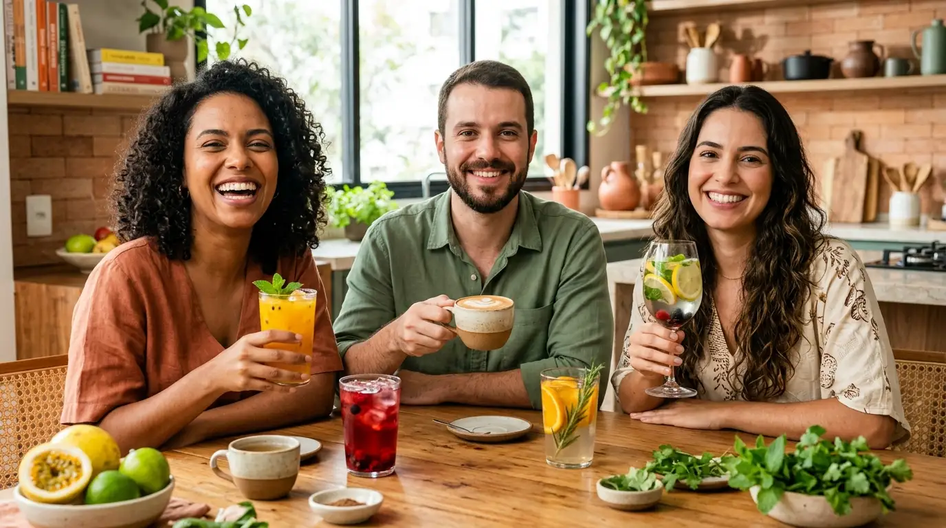 Pessoas sorrindo à mesa com sucos, cafés, chás e outras bebidas.