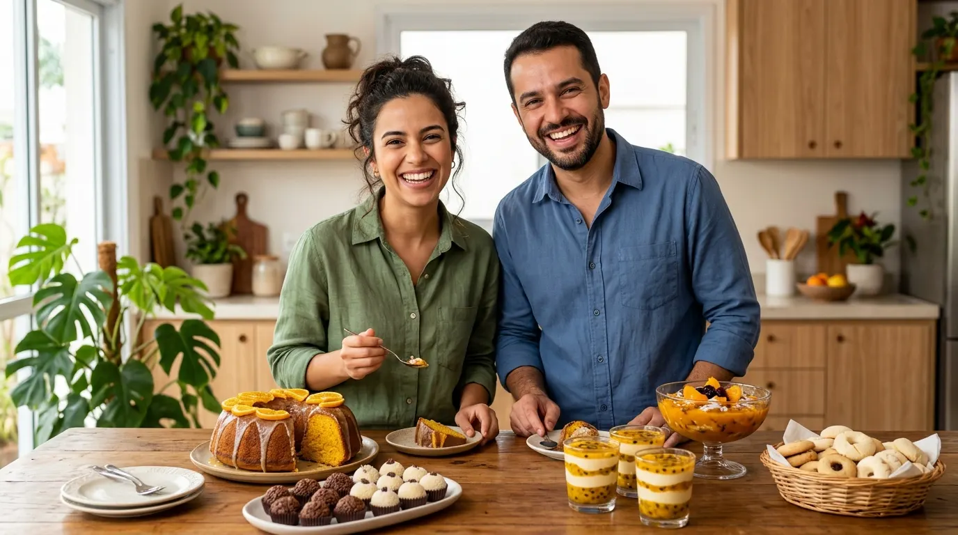 Bolos, Doces e Sobremesas Receita e Tempero Pessoas sorrindo à mesa com bolos, doces e sobremesas variadas.