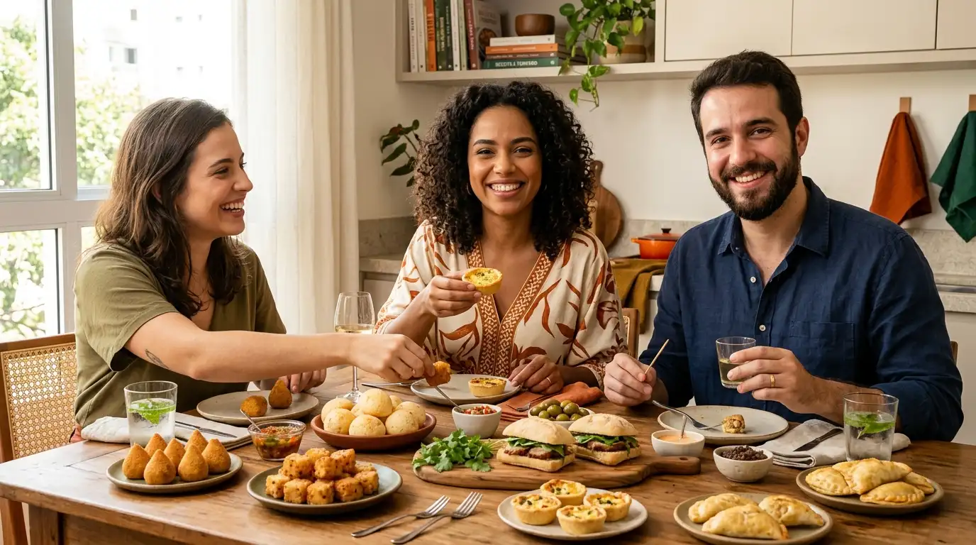Pessoas sorrindo à mesa com entradas, petiscos e lanches variados.
