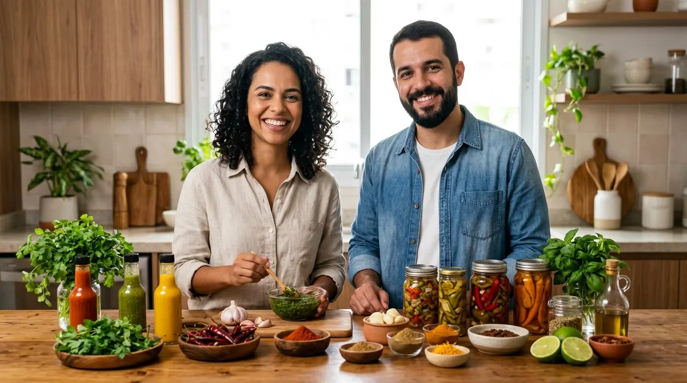 Pessoas sorrindo em cozinha com molhos, temperos e preparos básicos.