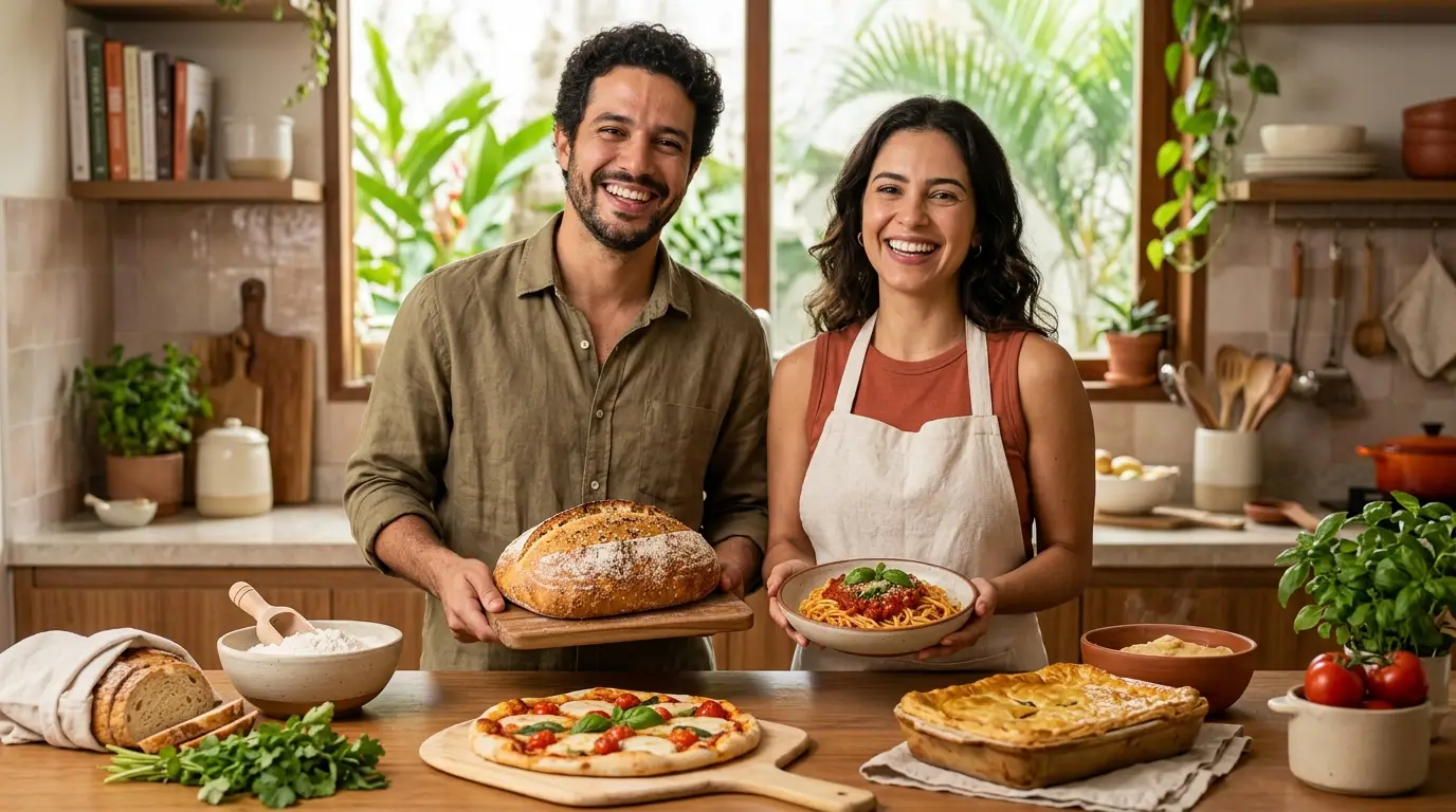 Pessoas sorrindo em cozinha com pães, massas e assados salgados.