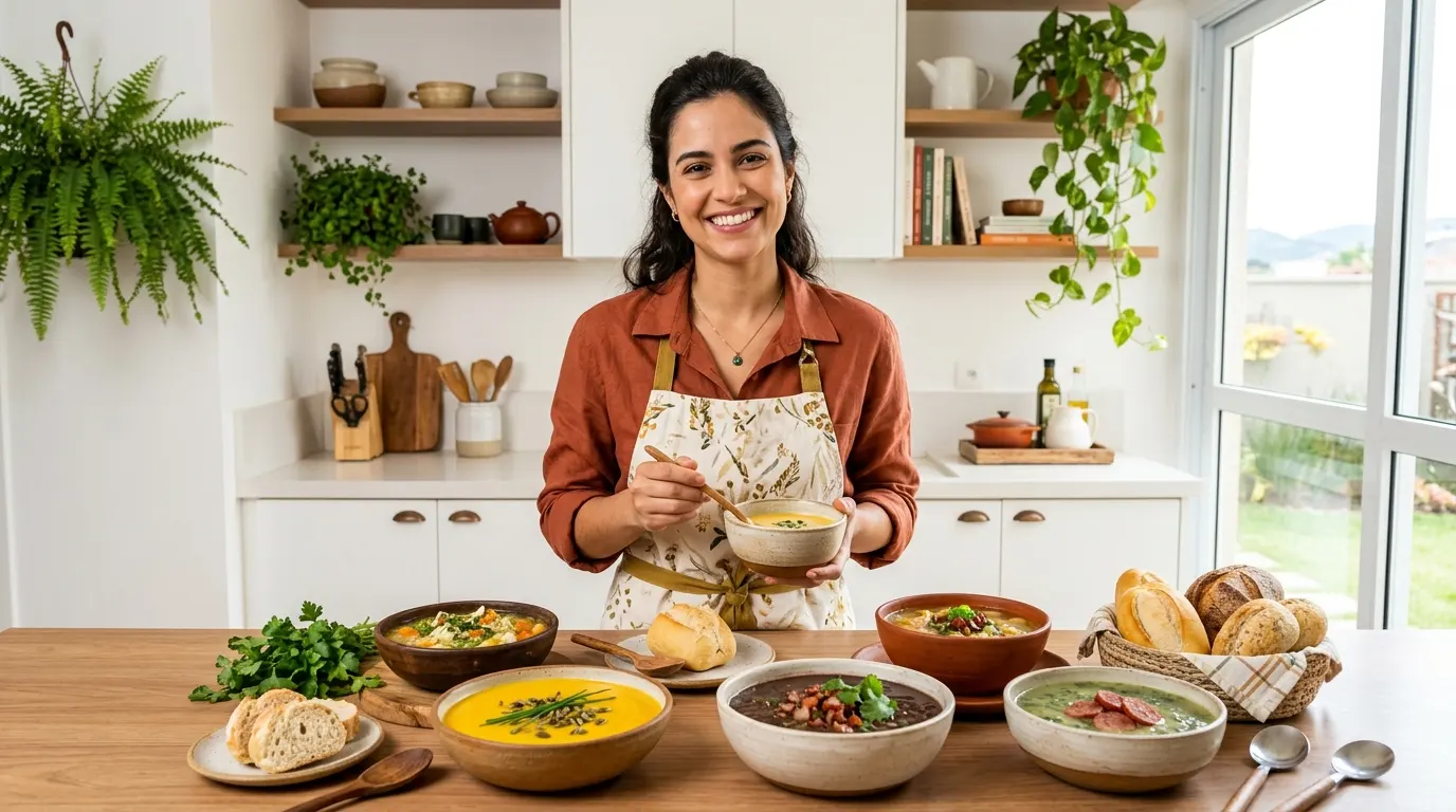 Sopas, Caldos e Cremes Receita e Tempero Mulher sorrindo à mesa com sopas, caldos e cremes variados.